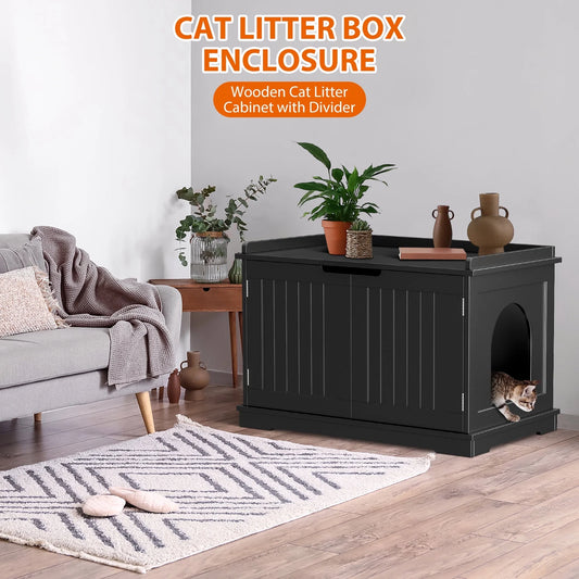 Multi-Functional Cat Washroom Bench Hidden Cat Litter Box Enclosure Furniture Black
