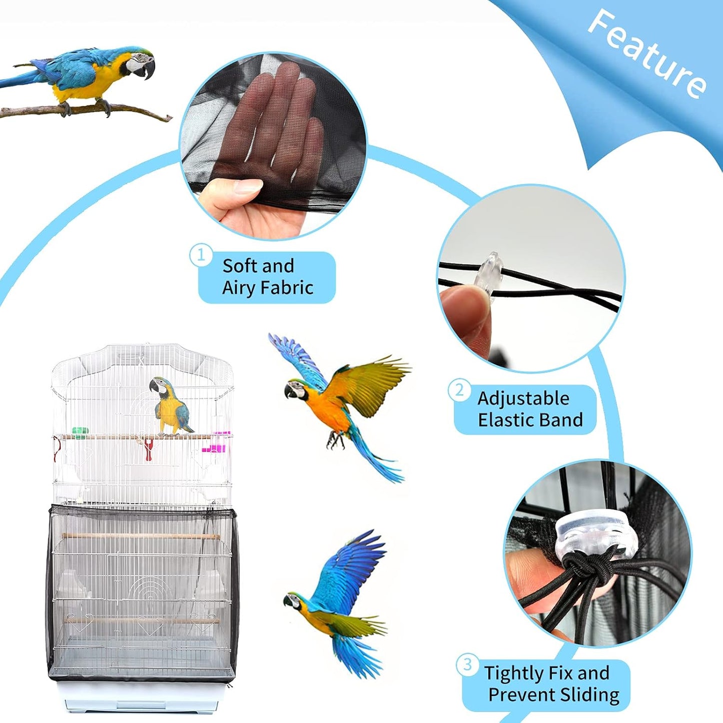 Universal Bird Cage Cover, Adjustable Parrot Nylon Airy Soft Mesh Net, Seed Feather Catcher, Birdcage Cover Skirt Sheer Guard for Parakeet Macaw round Square Cages (Black)