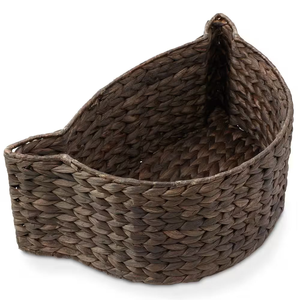 Brown Espresso 17.5 In. X 7 In. Wicker Hyacinth Cat Shaped Decorative Basket Storage Organizer Bin for Pet Toys