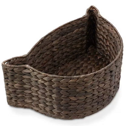 Brown Espresso 17.5 In. X 7 In. Wicker Hyacinth Cat Shaped Decorative Basket Storage Organizer Bin for Pet Toys