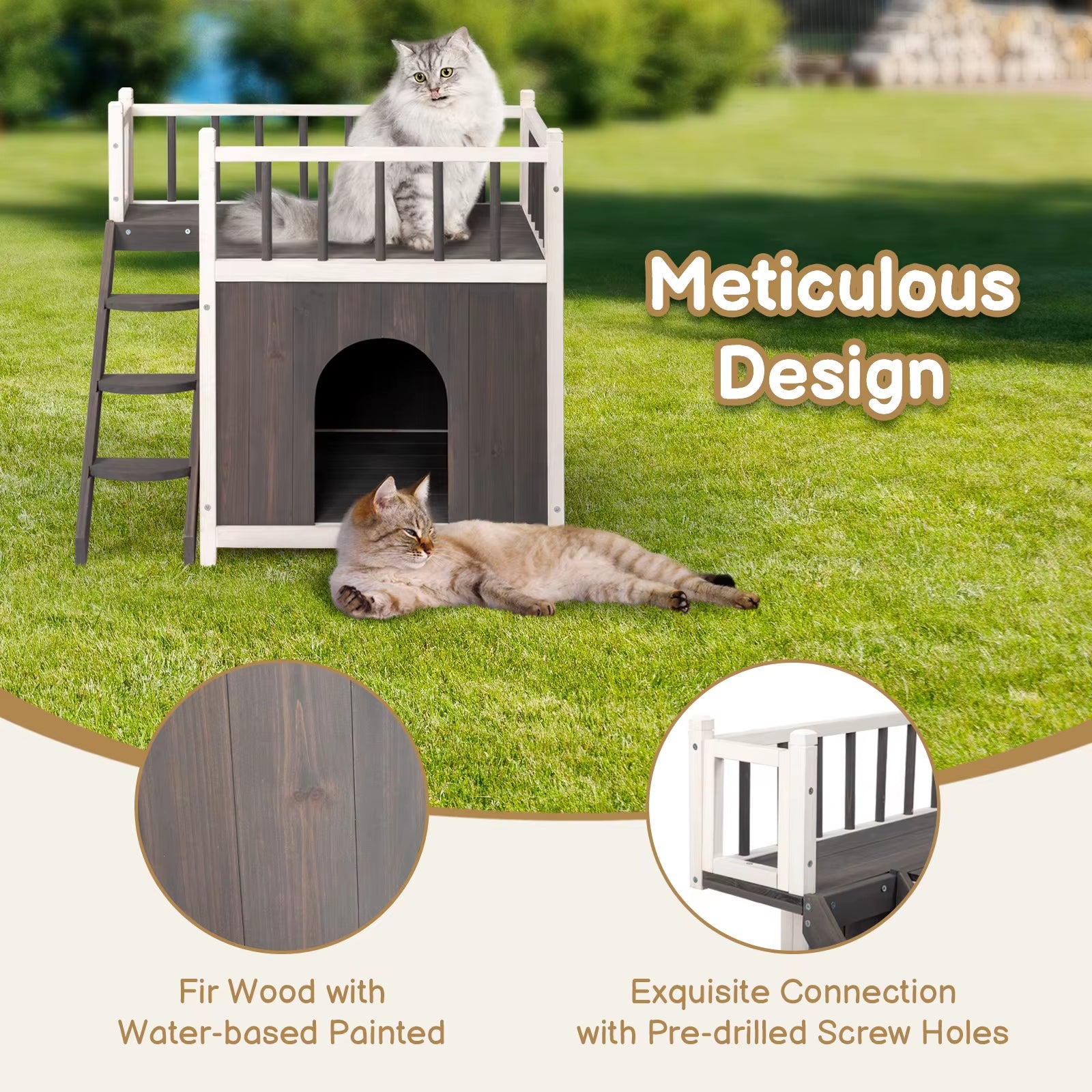 2-Story Wooden Feral Cat House Dog House for Outdoor and Indoor, Pet House with Stairs, Grey & White Large Cage Cat Villa Luxury