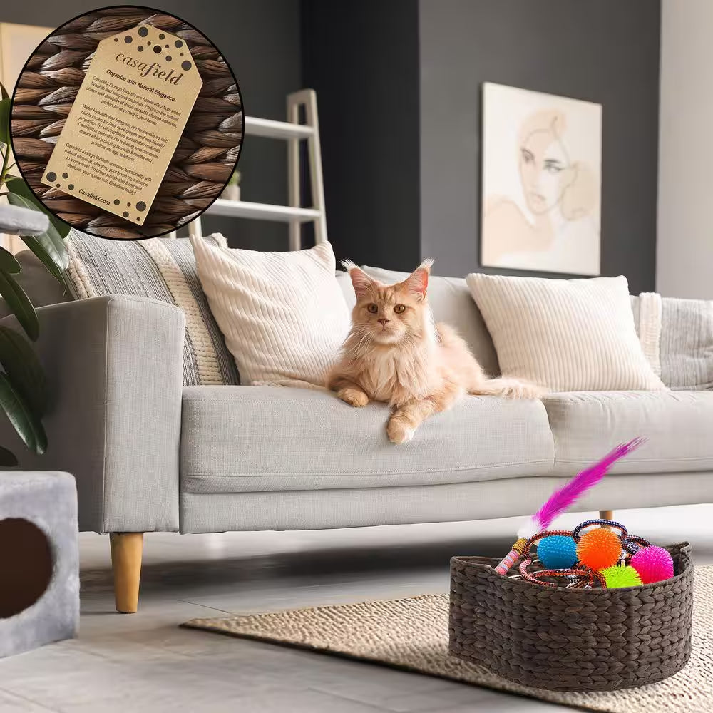 Brown Espresso 17.5 In. X 7 In. Wicker Hyacinth Cat Shaped Decorative Basket Storage Organizer Bin for Pet Toys