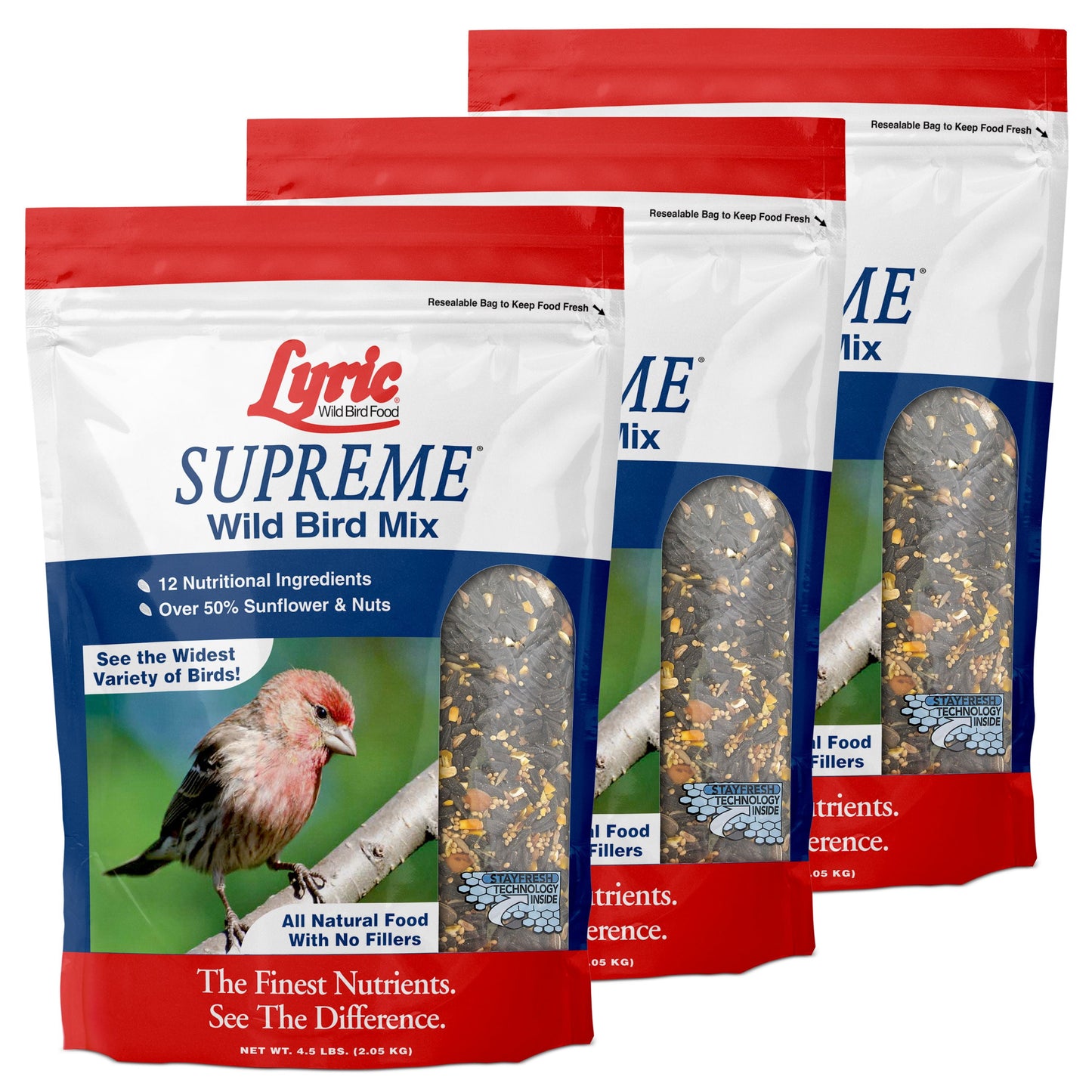 Supreme Wild Bird Seed - Wild Bird Food Mix with Nuts & Sunflower Seeds - Attracts Many Beautiful Songbirds - 13.5 Lb. (Case Pack of 3-4.5 Lb. Bags)