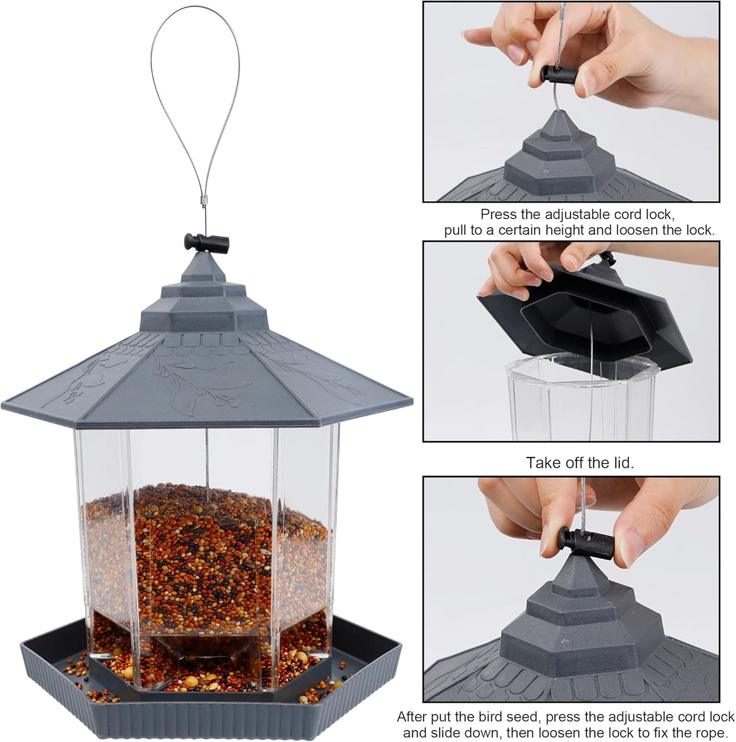 Wild Bird Feeder Hanging for Garden Yard outside Decoration, Hexagon Shaped outside Hanging Bird Feeders for Outdoors Squirrel Proof, Cardinal Bird Feeder (Light Grey)