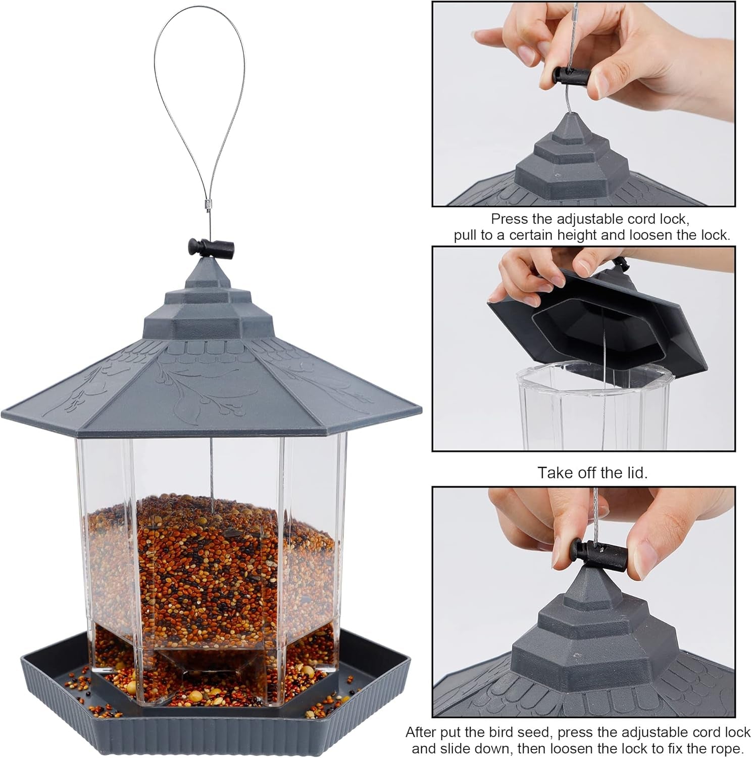 Wild Bird Feeder Hanging for Garden Yard outside Decoration, Hexagon Shaped outside Hanging Bird Feeders for Outdoors Squirrel Proof, Cardinal Bird Feeder (Light Grey)