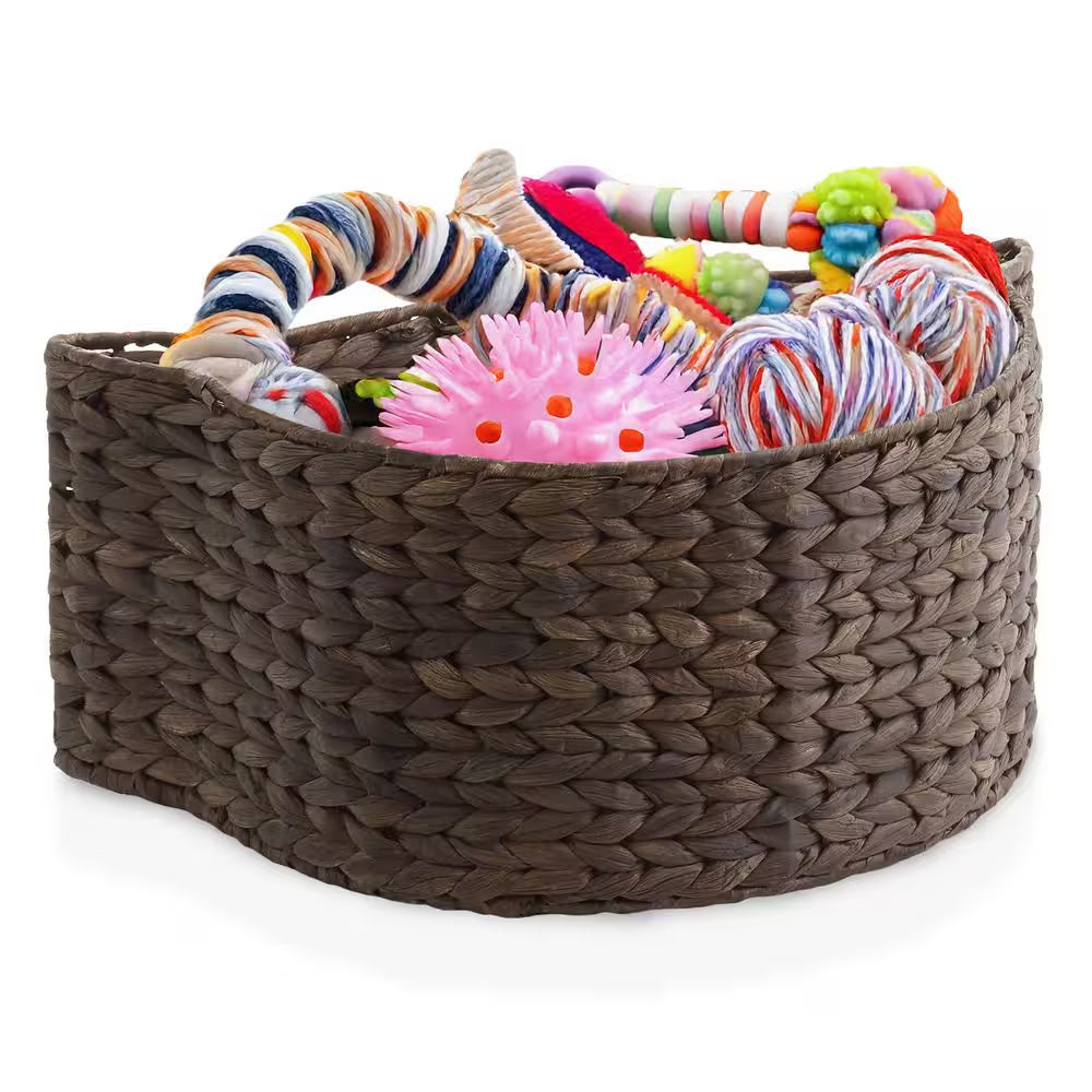 Brown Espresso 17.5 In. X 7 In. Wicker Hyacinth Cat Shaped Decorative Basket Storage Organizer Bin for Pet Toys