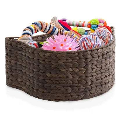 Brown Espresso 17.5 In. X 7 In. Wicker Hyacinth Cat Shaped Decorative Basket Storage Organizer Bin for Pet Toys