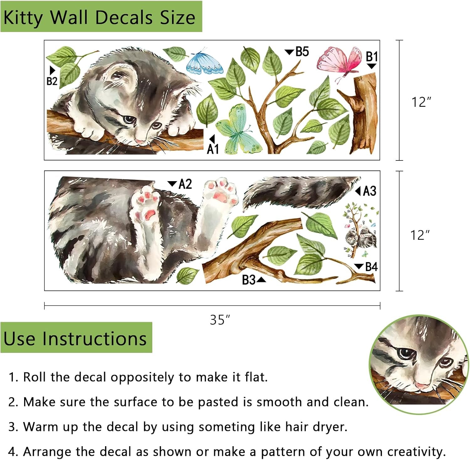 Cat on Tree Branches Wall Decals Stickers, Kitty Animal Nursery Decor, Green Leaves Baby Kids Bedroom Home Decorations Art