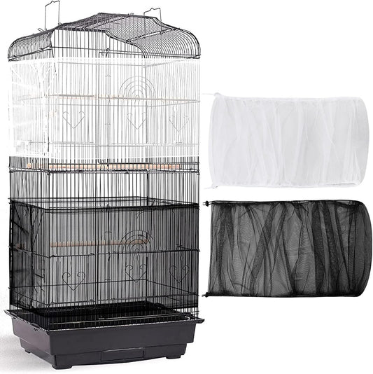 2 Pieces Adjustable Bird Cage Seed Catcher Birdcage Cover Nylon Mesh Netting Soft Skirt Guard for Parrot Parakeet Macaw round Square Cage(78 X 14.6 Inch in Circumference and Width,White, Black)