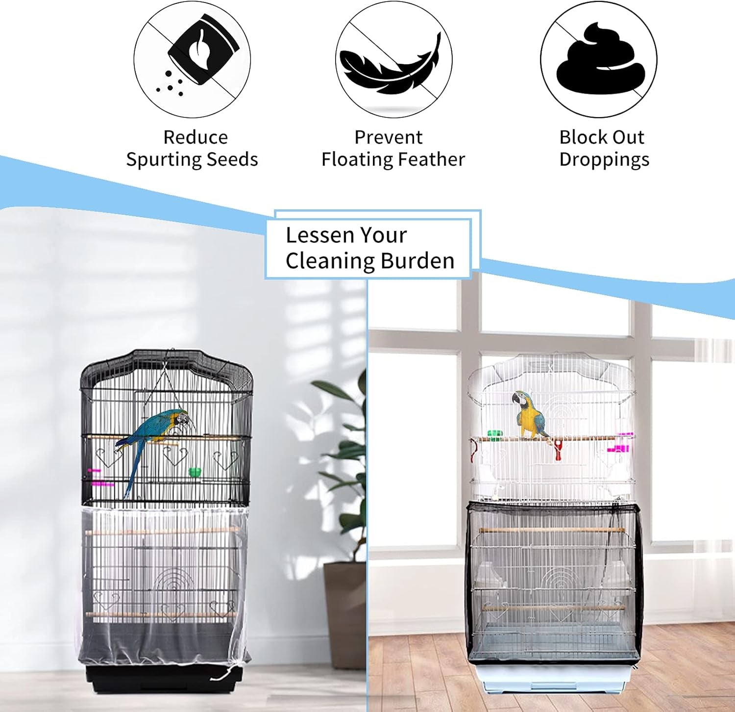 Universal Bird Cage Cover, Adjustable Parrot Nylon Airy Soft Mesh Net, Seed Feather Catcher, Birdcage Cover Skirt Sheer Guard for Parakeet Macaw round Square Cages (Black)