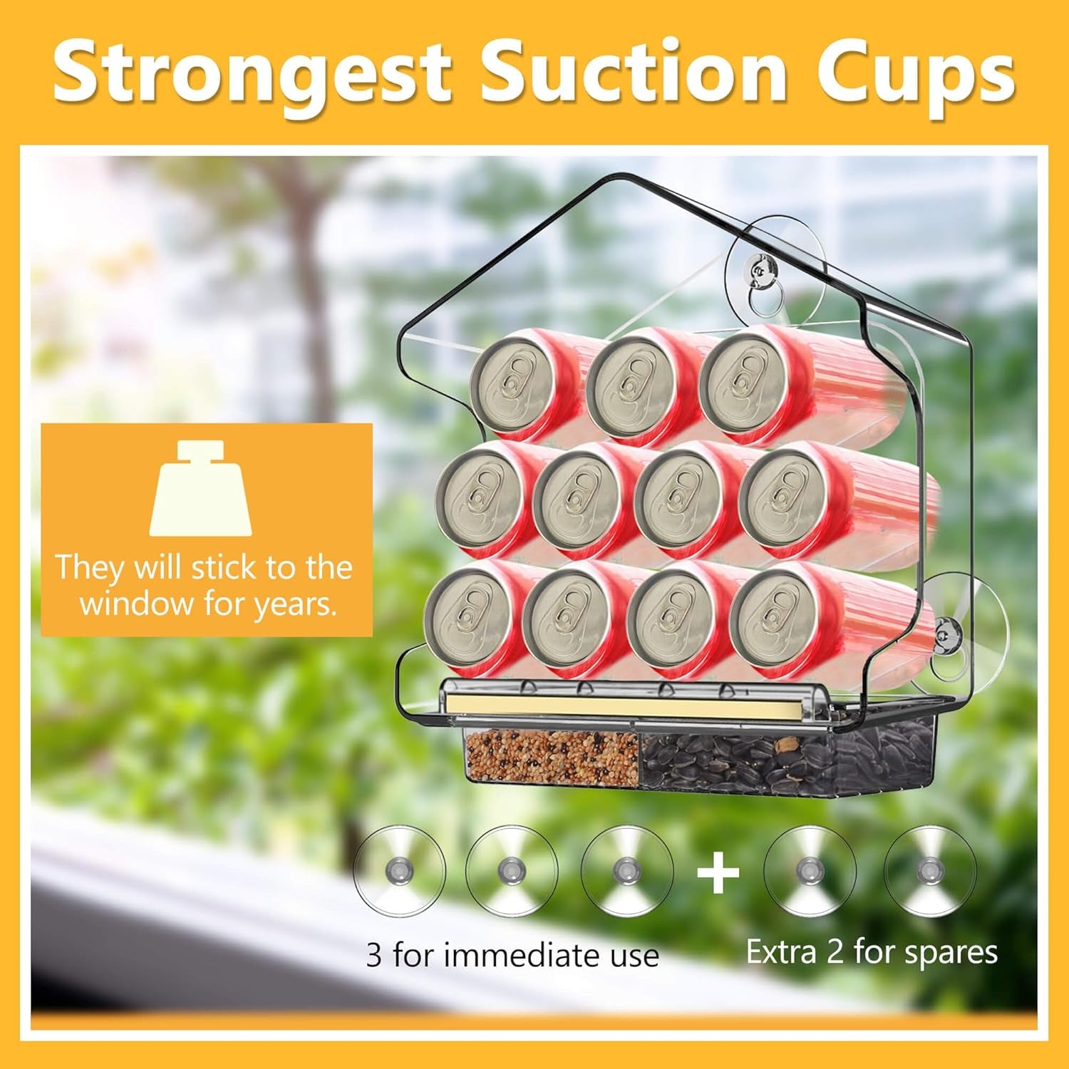 All One Piece Window Bird Feeder with Strongest Suction Cups, All One Piece No Glue, Lift-Out Tray with Drainage Holes, Large Enough for Larger Birds like Cardinal or Mocking Birds, Clear