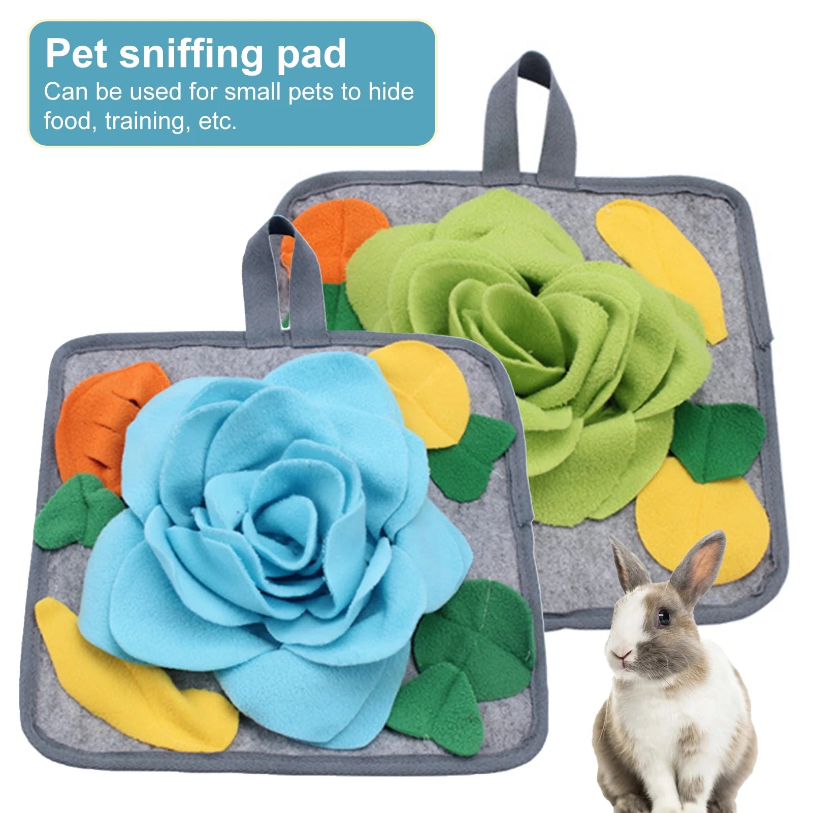 12 X 12 Rabbit Foraging Mat, Interactive Feed Game for Boredom, Flower Pattern Fleece Pet Snuffle Pad Bed Treat Dispenser for Rabbits Bunny Guinea Pigs Chinchillas Ferrets