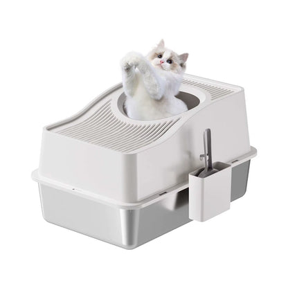 Stainless Steel Litter Box with Lid, Enclosed Litter Box with Cat Litter Mat and Scoop, Extra Large High Sided Cat Litter Trays