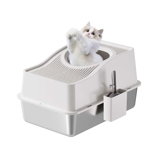 Stainless Steel Litter Box with Lid, Enclosed Litter Box with Cat Litter Mat and Scoop, Extra Large High Sided Cat Litter Trays