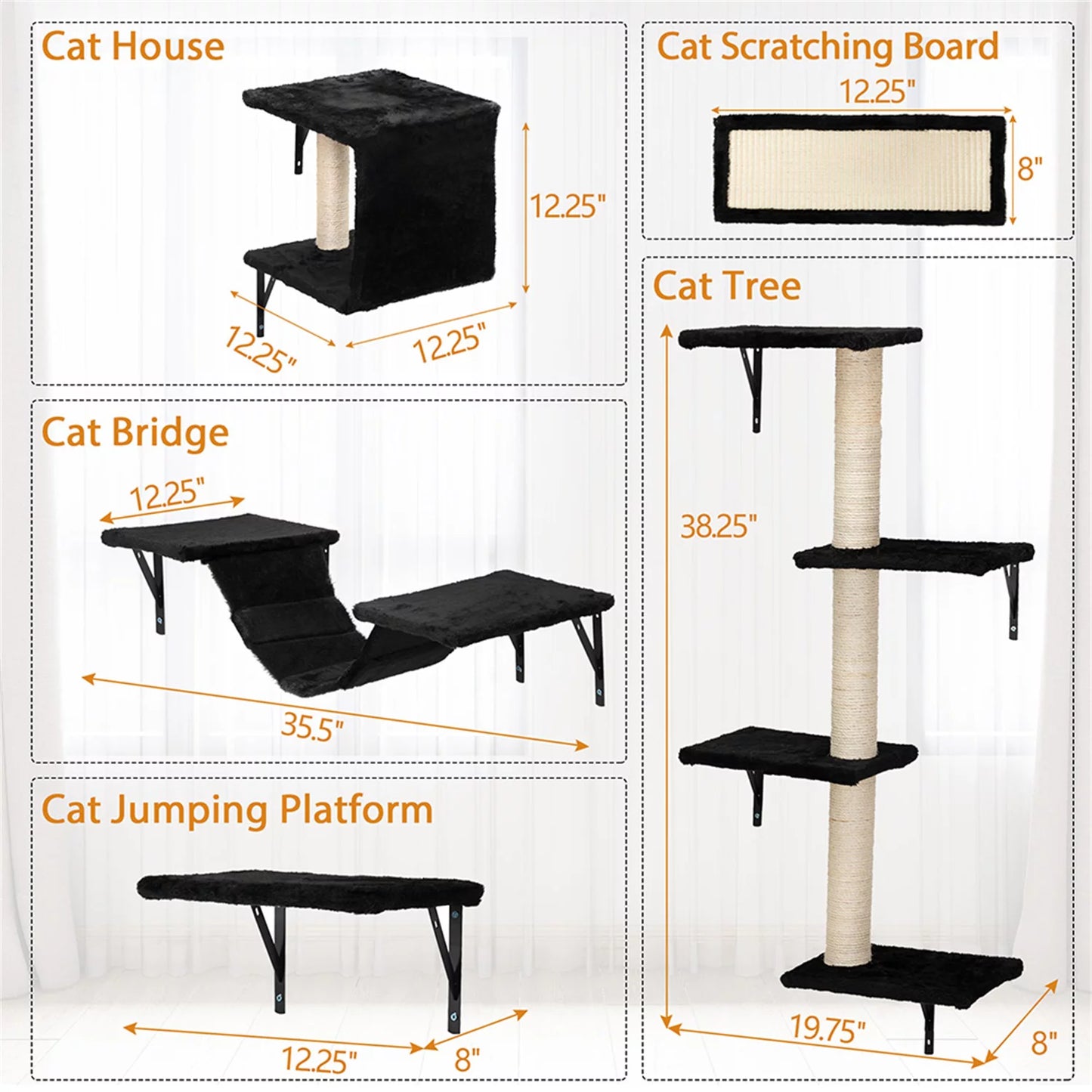 Cat Wall Shelves and Perches Set, Cat Tower for Adult Cats Mounted Cat Tree House for Indoor Cats Modern Furniture for Cat Sleeping Playing Lounging Climbing Cat Tree for Large, Black