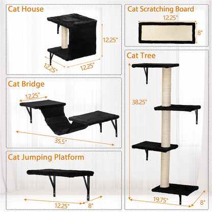 Cat Wall Shelves and Perches Set, Cat Tower for Adult Cats Mounted Cat Tree House for Indoor Cats Modern Furniture for Cat Sleeping Playing Lounging Climbing Cat Tree for Large, Black