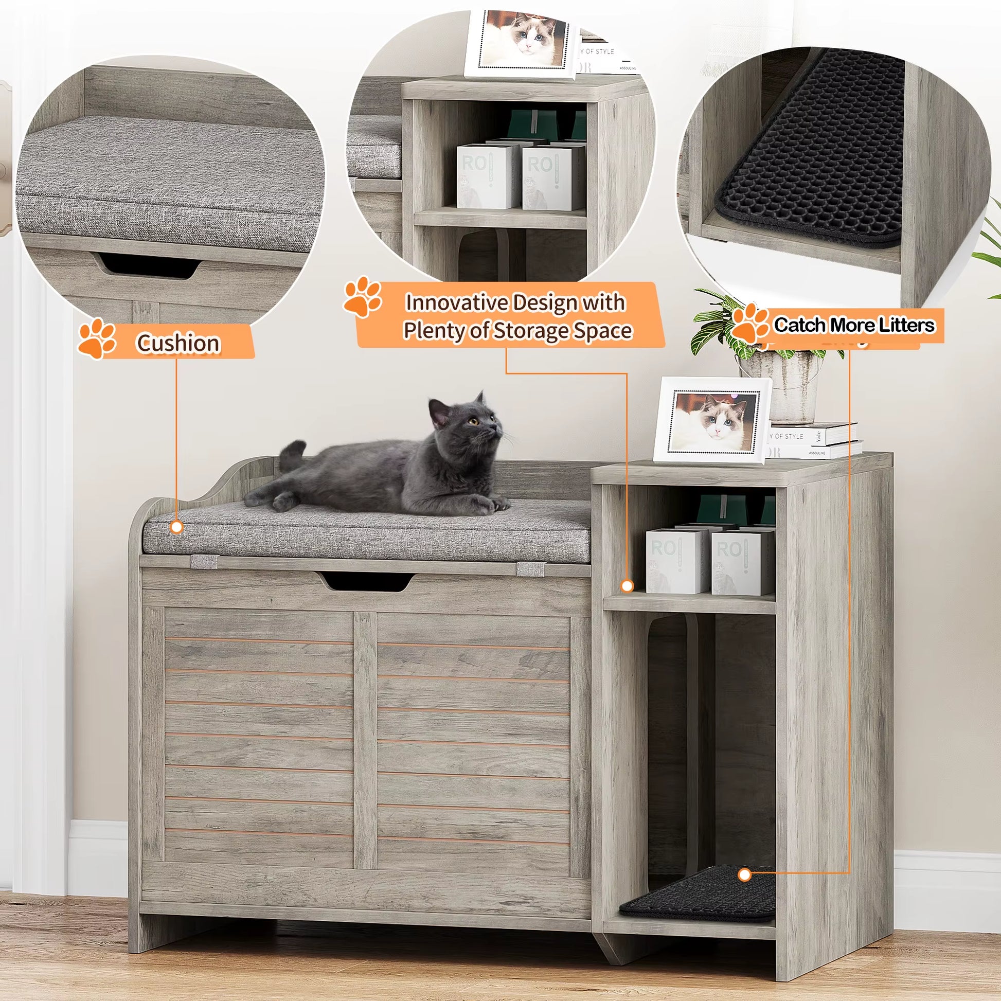Cat Litter Box Furniture Hidden, Wood Litter Box Enclosure Pet Crate Cat with Cat Scratch Pad Litterbox Furniture Easy Assembly
