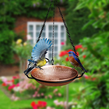 Pure Copper Hand Hammered Hanging Bird Bath and Feeder W/Iron Chain, 17-Inch Detachable Iron Chain Outdoor Birdbath and Birdfeeder for Garden Backyard Patio & Deck, Bird Water Feeder