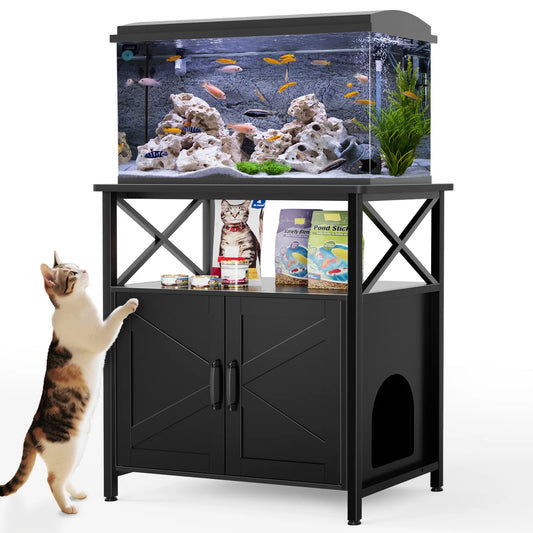 20-29 Gallon Fish Tank Stand, Aquarium Stand with Cat Litter Box Enclosure, Black