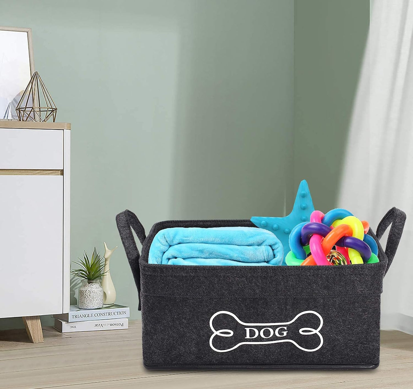 Dog Toy Basket Storage Dog Toy Bin in Felt Pet Toy Boxes Organizer - Perfect for Collecting Pet Toys, Blankets Leashes Dry Food Treats Bone - Dark Gray