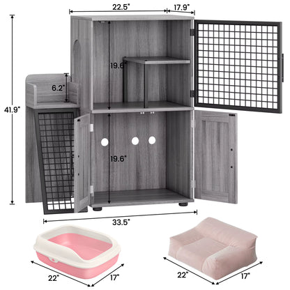 Cat Litter Box Enclosure with Platform, Double Layer Cat Litter Hidden Furniture, Modern Villa Cat Cabinet with Ladder for Cat