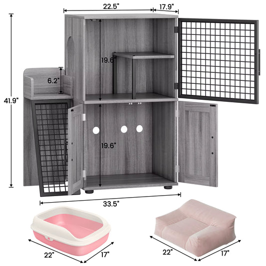 Cat Litter Box Enclosure with Platform, Double Layer Cat Litter Hidden Furniture, Modern Villa Cat Cabinet with Ladder for Cat