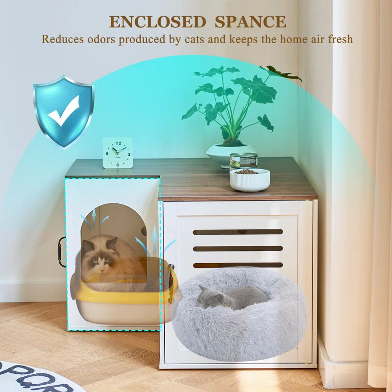 Farmhouse Corner Cat Double Litter Box & Litter Box Cabinet with Double Room & Indoor Cat House End Table & Hidden Cat Litter Box