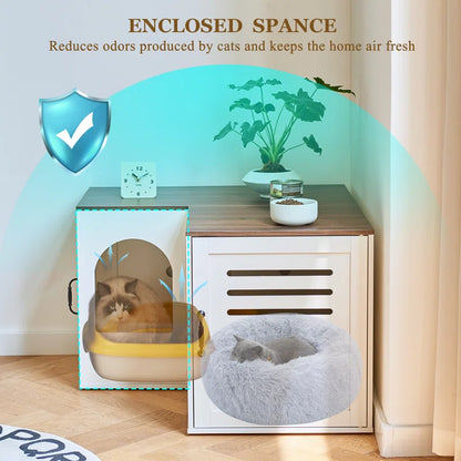 Farmhouse Corner Cat Double Litter Box & Litter Box Cabinet with Double Room & Indoor Cat House End Table & Hidden Cat Litter Box
