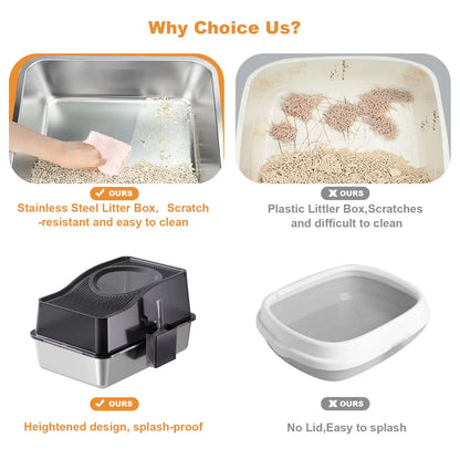 Stainless Steel Litter Box with Lid, Enclosed Litter Box with Cat Litter Mat and Scoop, Extra Large High Sided Cat Litter Trays