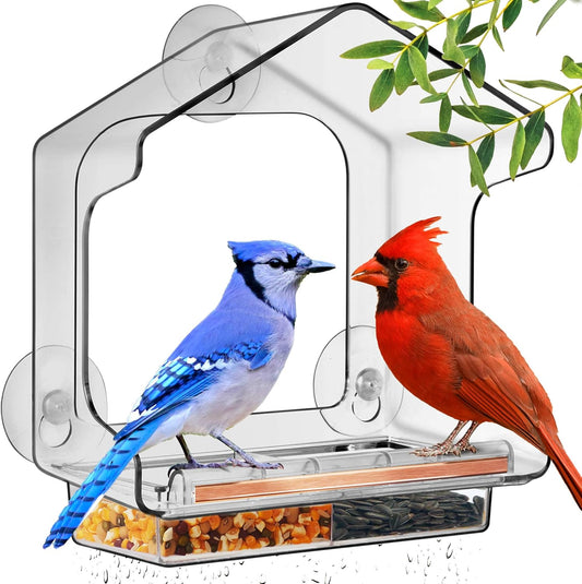 All One Piece Window Bird Feeder with Strongest Suction Cups, All One Piece No Glue, Lift-Out Tray with Drainage Holes, Large Enough for Larger Birds like Cardinal or Mocking Birds, Clear