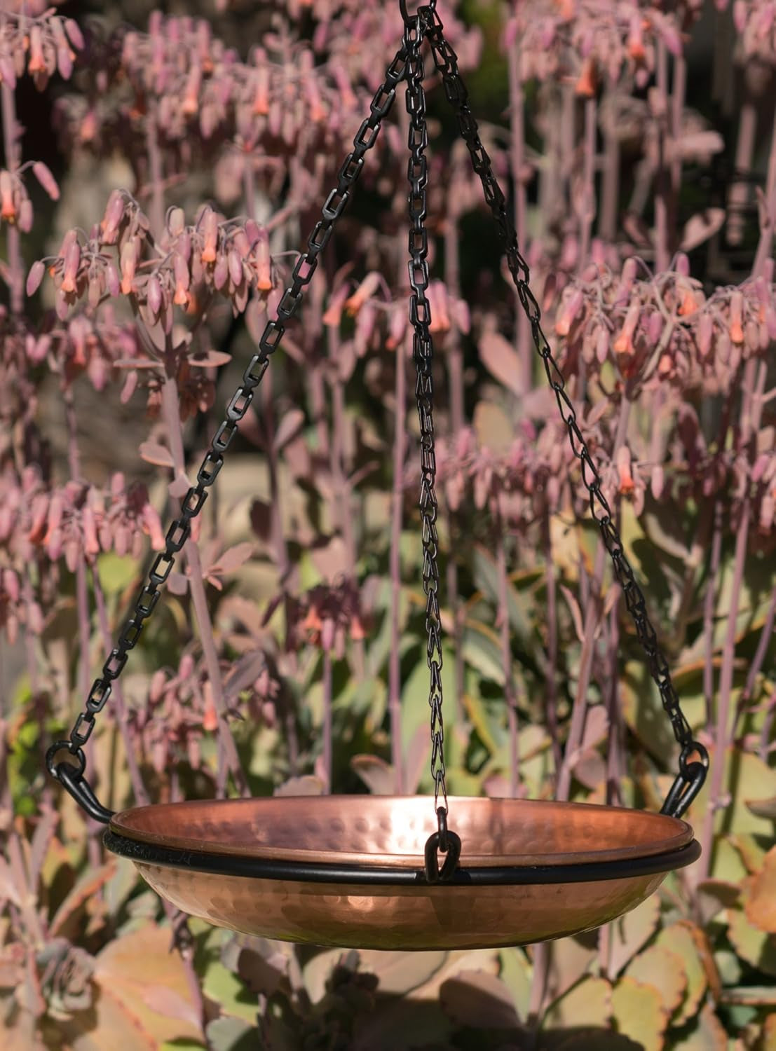 Pure Copper Hand Hammered Hanging Bird Bath and Feeder W/Iron Chain, 17-Inch Detachable Iron Chain Outdoor Birdbath and Birdfeeder for Garden Backyard Patio & Deck, Bird Water Feeder