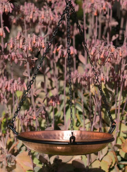 Pure Copper Hand Hammered Hanging Bird Bath and Feeder W/Iron Chain, 17-Inch Detachable Iron Chain Outdoor Birdbath and Birdfeeder for Garden Backyard Patio & Deck, Bird Water Feeder