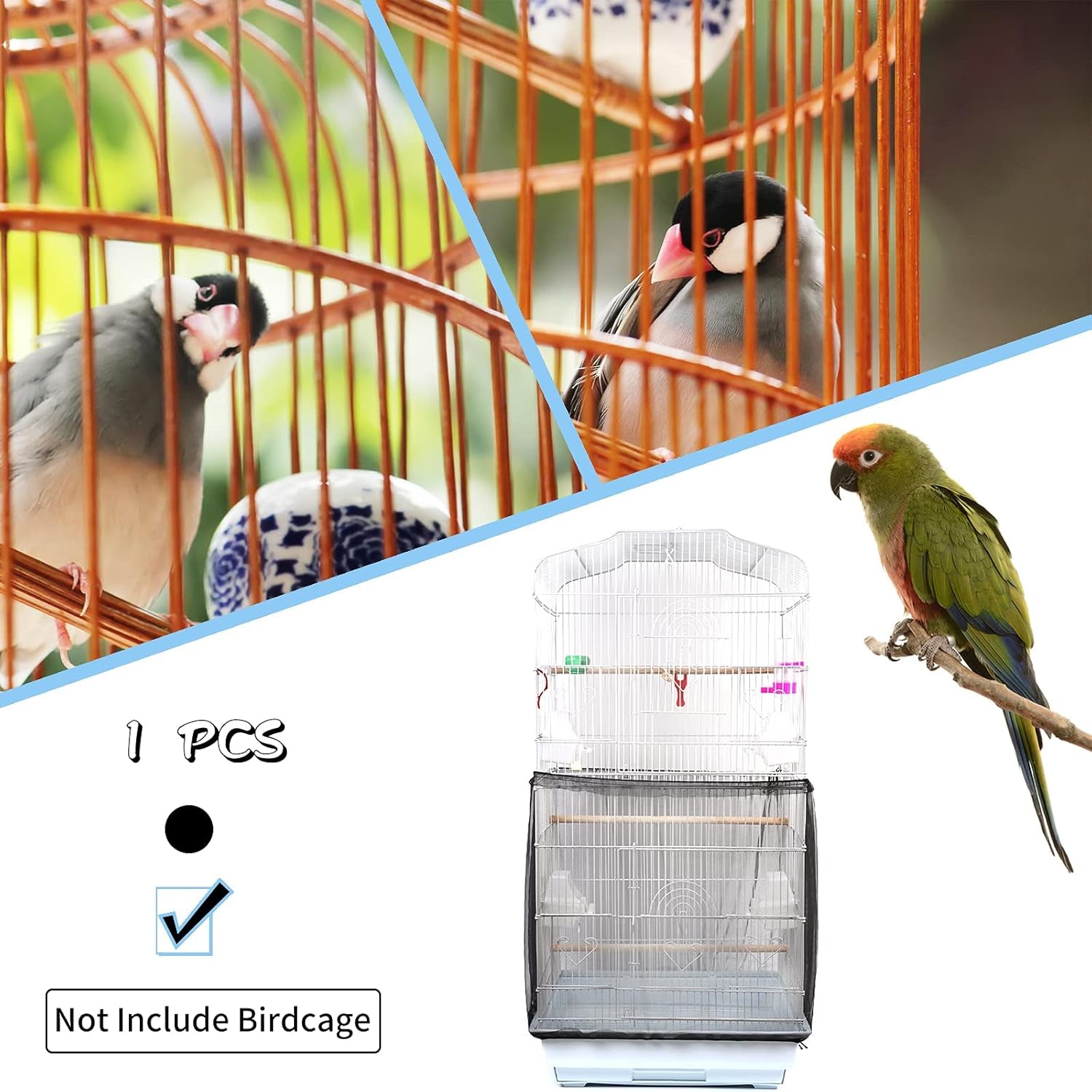 Universal Bird Cage Cover, Adjustable Parrot Nylon Airy Soft Mesh Net, Seed Feather Catcher, Birdcage Cover Skirt Sheer Guard for Parakeet Macaw round Square Cages (Black)