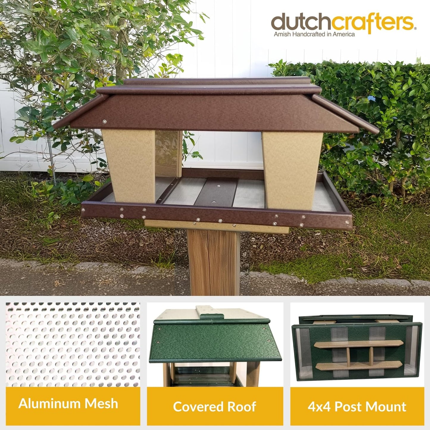 Poly Post Mount Extra Large Double Hopper Bird Feeder, Outdoor Wild Bird Feeder for Outside, USA Amish Made (Brown & Weatherwood)