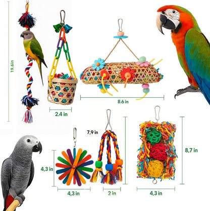 6 Pack Bird Toys for Parakeet, Parrot & Conure Delights- Featuring Foraging and Chewing Delights, Large Bird Accessories, and Unique Cage Perches for a Joyful Aviary