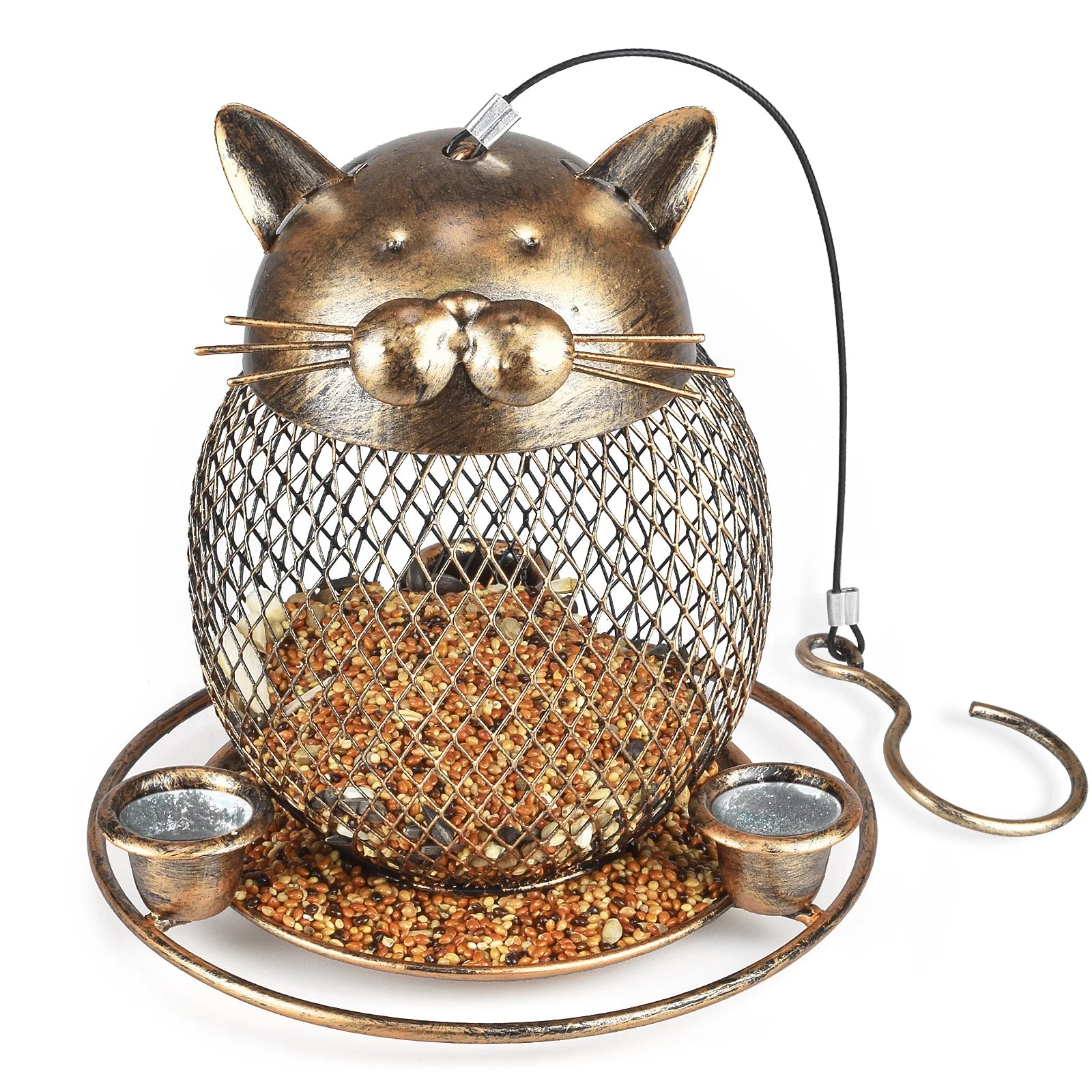 Squirrel Proof Bird Feeders, Upgraded Cute Cat Shaped Bird Feeder, Heavy Duty Copper Wild Bird Feeder with Hook for Outdoor Hanging, Garden Yard outside Decoration, 2Lbs Capacity