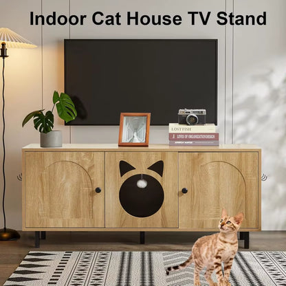 Large Cat Litter Box Enclosure for 2 Cats,Hidden Enclosed Litter Box Furniture with Scratching Mat & Cat Bell,Cat Litter Box Ca