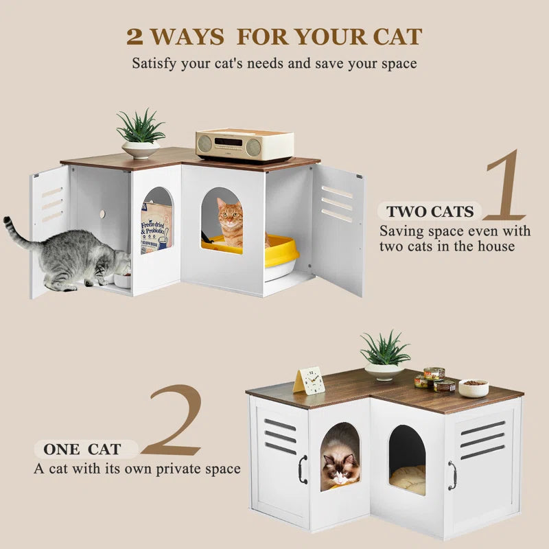 Farmhouse Corner Cat Double Litter Box & Litter Box Cabinet with Double Room & Indoor Cat House End Table & Hidden Cat Litter Box