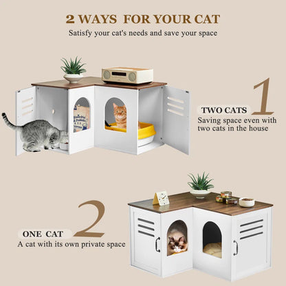 Farmhouse Corner Cat Double Litter Box & Litter Box Cabinet with Double Room & Indoor Cat House End Table & Hidden Cat Litter Box