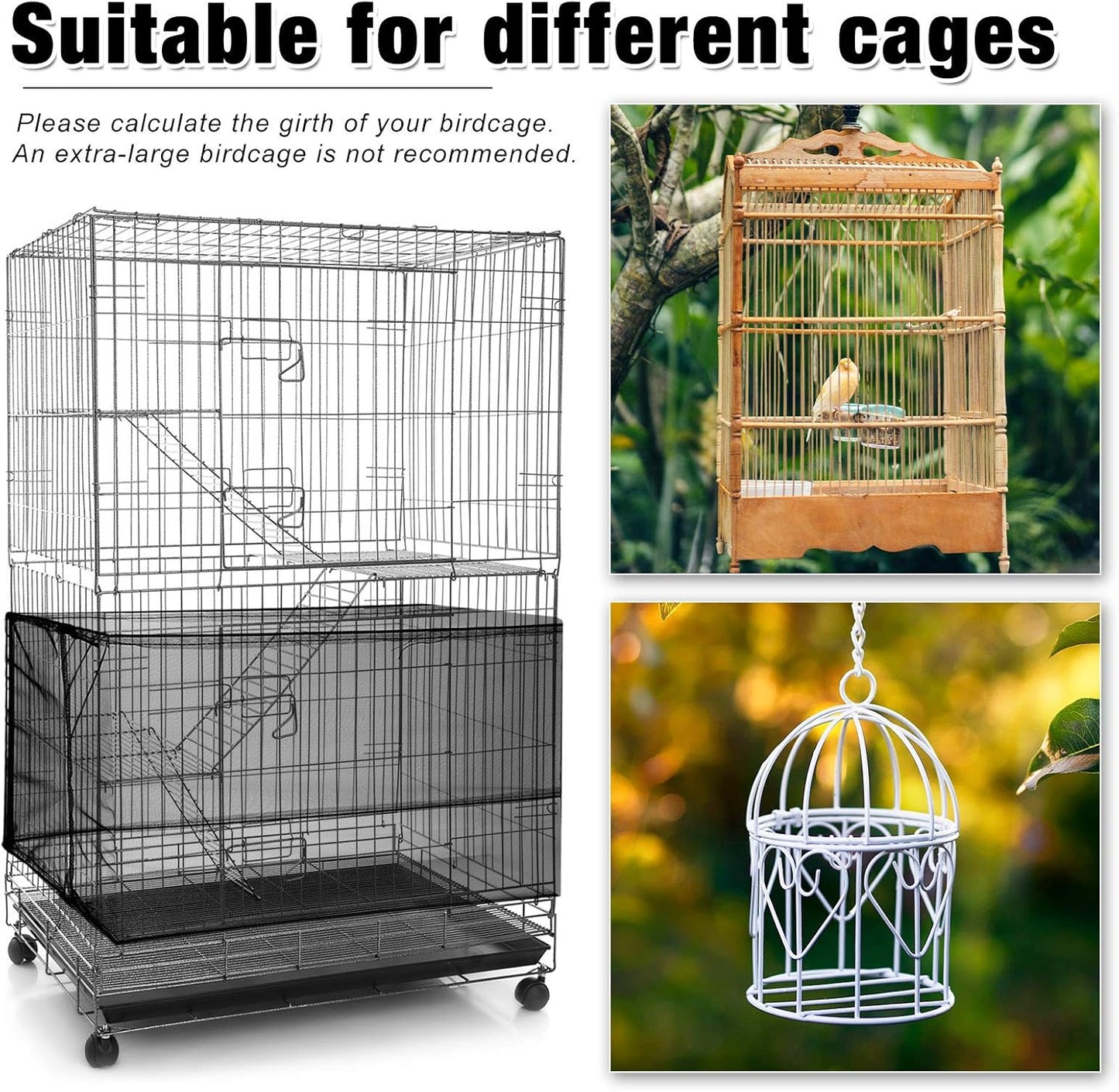 2 Pieces Adjustable Bird Cage Seed Catcher Birdcage Cover Nylon Mesh Netting Soft Skirt Guard for Parrot Parakeet Macaw round Square Cage(78 X 14.6 Inch in Circumference and Width,White, Black)