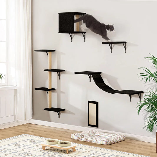 Cat Wall Shelves and Perches Set, Cat Tower for Adult Cats Mounted Cat Tree House for Indoor Cats Modern Furniture for Cat Sleeping Playing Lounging Climbing Cat Tree for Large, Black