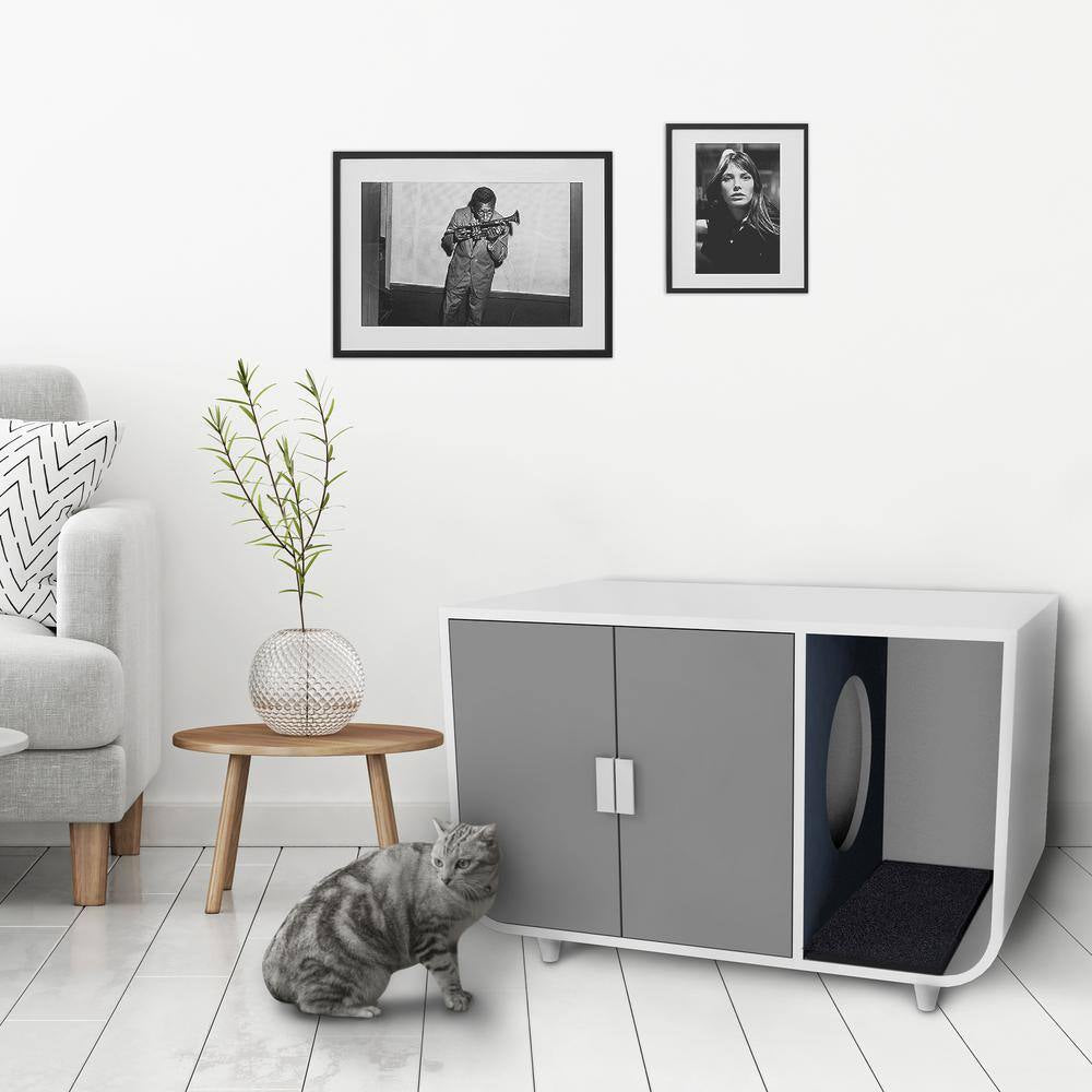 Large Dyad Wooden Cat Litter Box Enclosure and Side Table, Alpine White/Gray