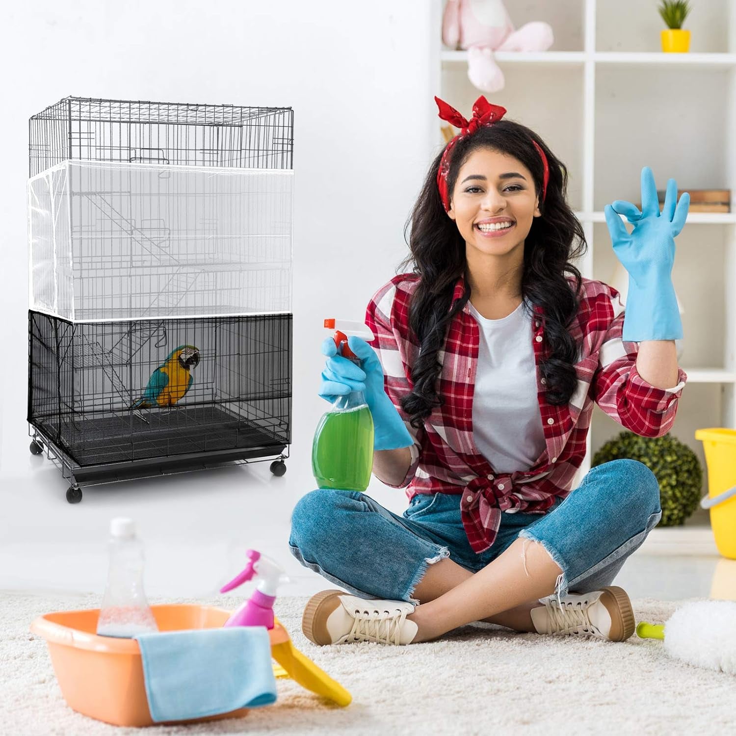 2 Pieces Adjustable Bird Cage Seed Catcher Birdcage Cover Nylon Mesh Netting Soft Skirt Guard for Parrot Parakeet Macaw round Square Cage(78 X 14.6 Inch in Circumference and Width,White, Black)