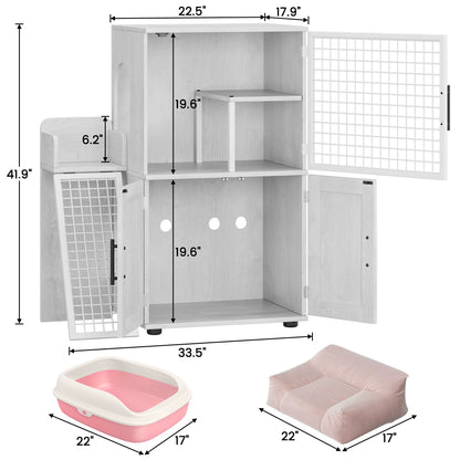 Cat Litter Box Enclosure with Platform, Double Layer Cat Litter Hidden Furniture, Modern Villa Cat Cabinet with Ladder for Cat