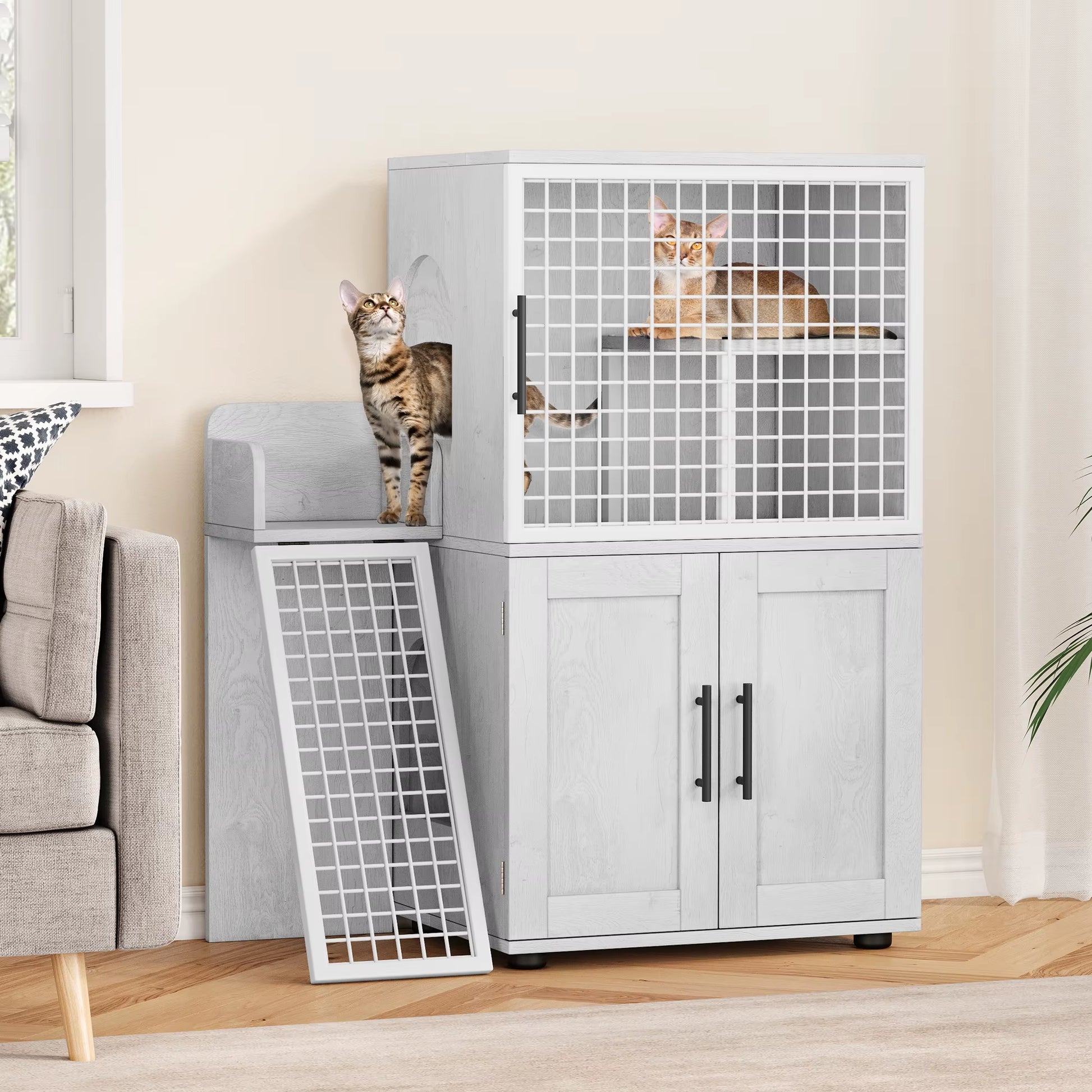 Cat Litter Box Enclosure with Platform, Double Layer Cat Litter Hidden Furniture, Modern Villa Cat Cabinet with Ladder for Cat