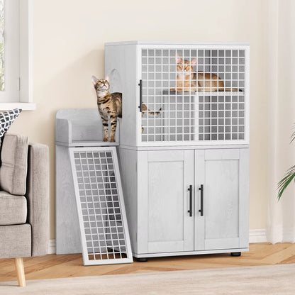 Cat Litter Box Enclosure with Platform, Double Layer Cat Litter Hidden Furniture, Modern Villa Cat Cabinet with Ladder for Cat