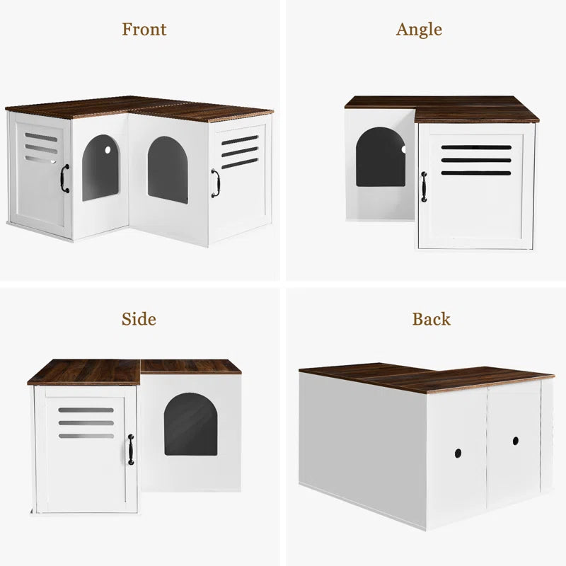 Farmhouse Corner Cat Double Litter Box & Litter Box Cabinet with Double Room & Indoor Cat House End Table & Hidden Cat Litter Box