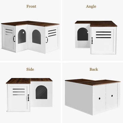 Farmhouse Corner Cat Double Litter Box & Litter Box Cabinet with Double Room & Indoor Cat House End Table & Hidden Cat Litter Box
