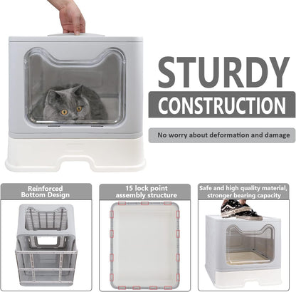 Foldable Cat Litter Box with Lid, Enclosed Potty, Large Top Entry Anti-Splashing Toilet, Easy to Clean Including Litter Scoop and 2-In-1 Cleaning Brush (Grey)