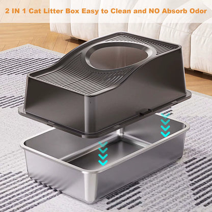 Stainless Steel Litter Box with Lid, Enclosed Litter Box with Cat Litter Mat and Scoop, Extra Large High Sided Cat Litter Trays